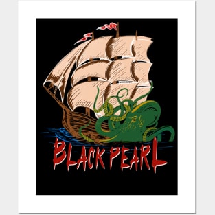 Black Pearl The Pirate Ship with Giant Kraken Sea Monster Vintage Posters and Art